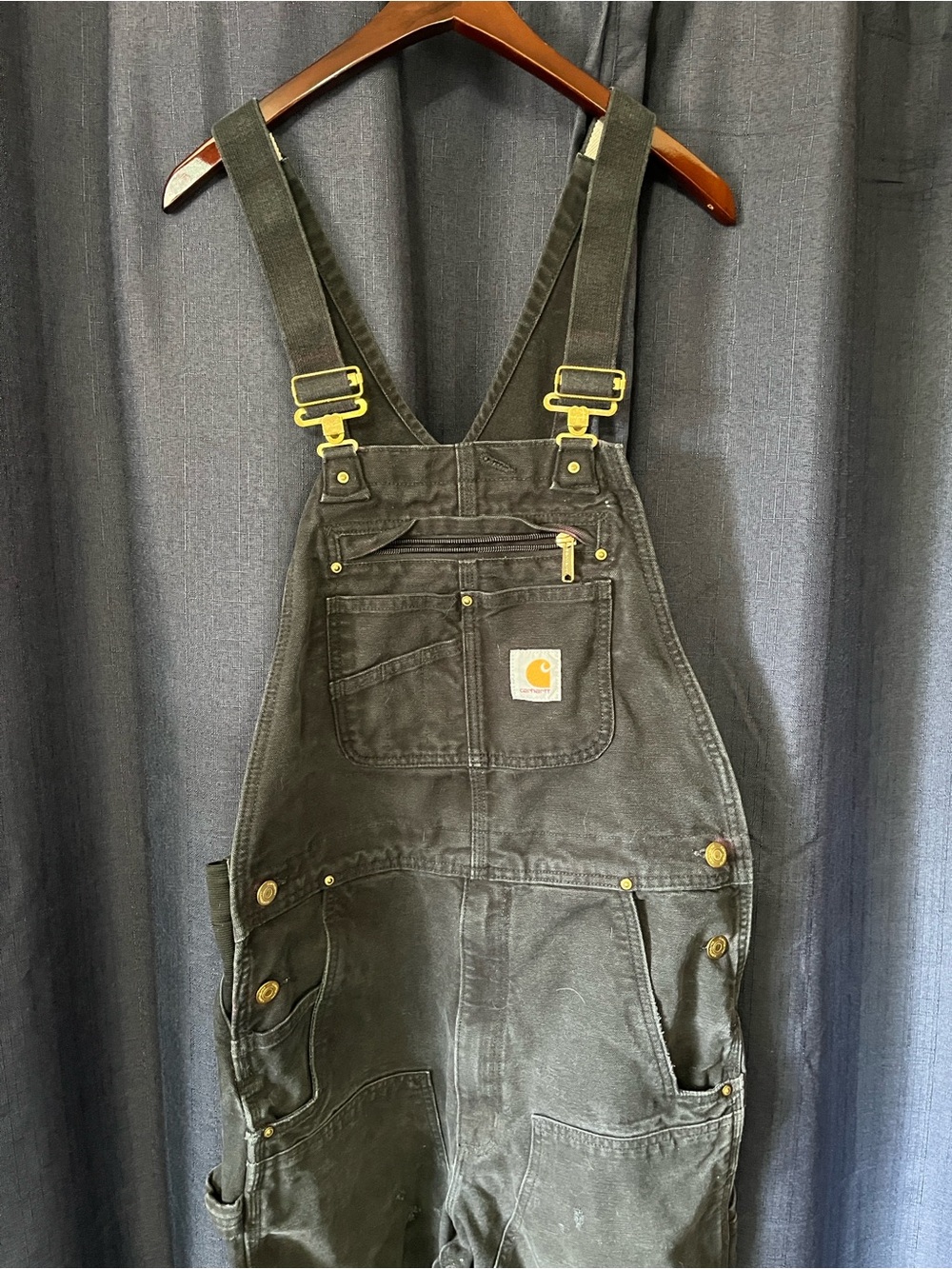 Carhartt Black Canvas Bib Overalls distressed with Gold Hardware size 32x34